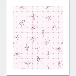 Coquette pink bows on a square patterned background Posters and Art